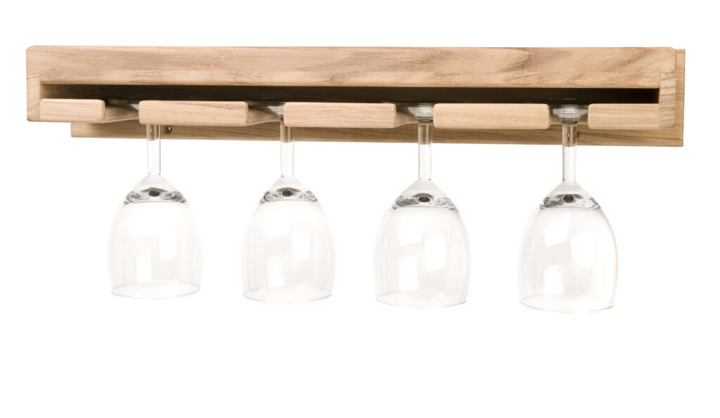 Teak Weinglashalter für Wandmontage <i> Maße 42 x 12 x 7,7 cm </i>  <i> 4 Gläser </i>  <i> (Art. 298) </i>